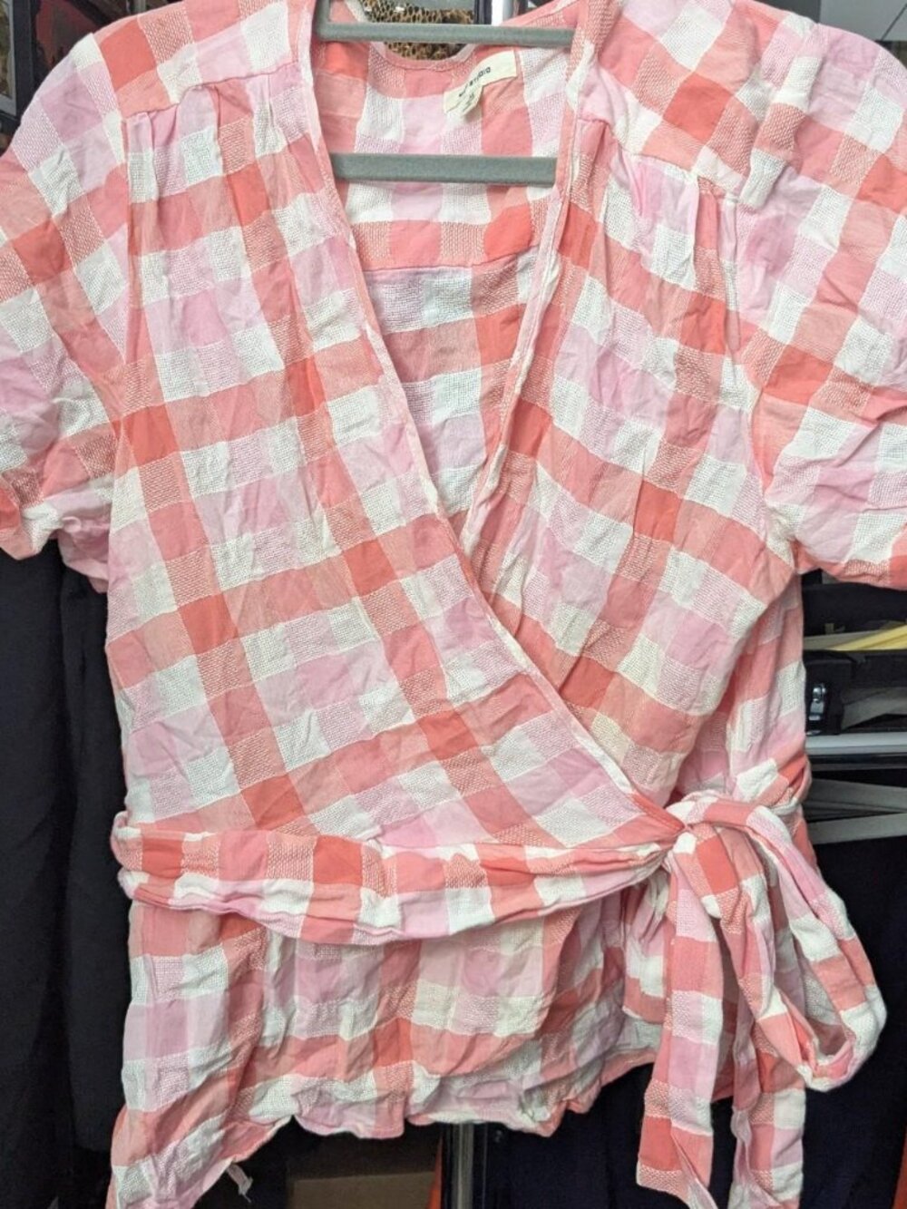 Max Studio Peach & White Gingham Wrap Kimono Top Size XL